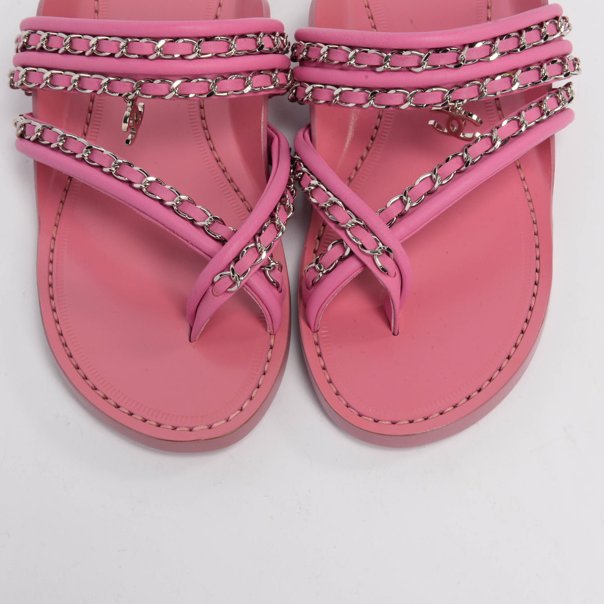 Chanel Pink Calfskin CC Chain Thong Sandals 38