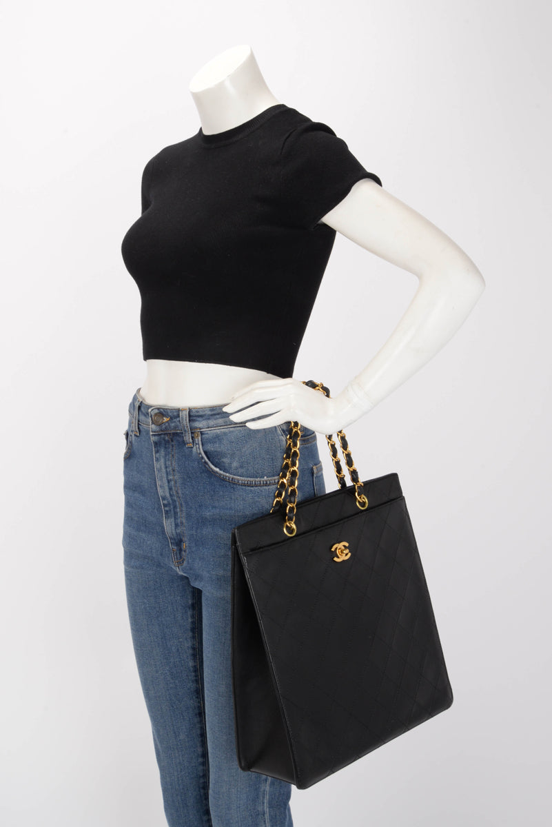 Chanel Vintage Black Quilted Lambskin Vertical Tote