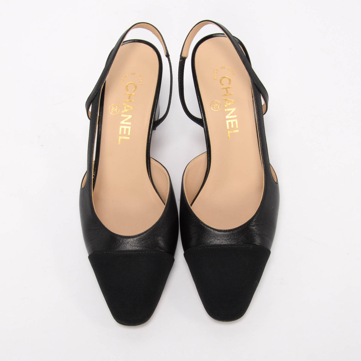 Chanel Black Lambskin & Grosgrain Slingback Pumps 38