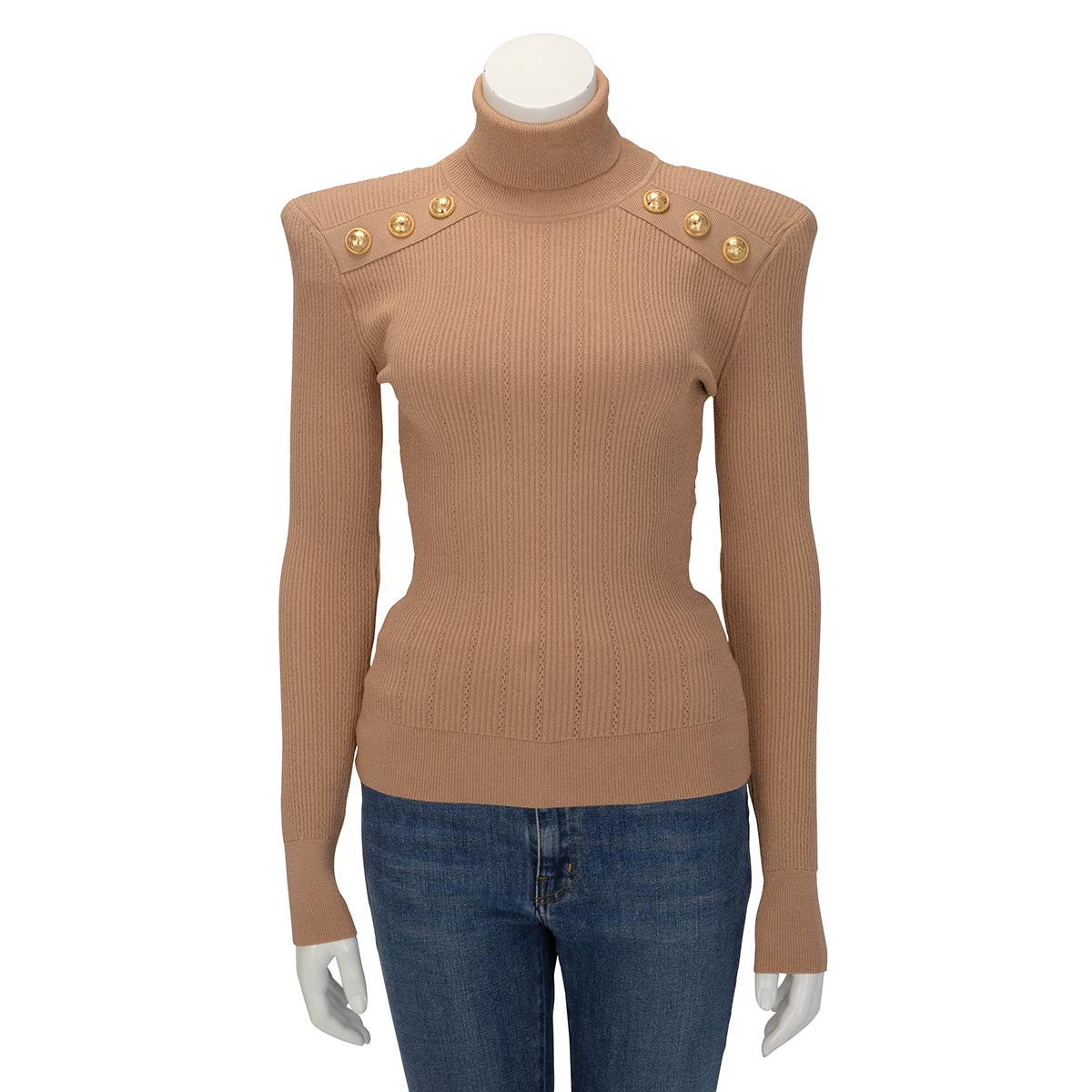 Balmain Bronze Ribbed Structured Shoulder Turtleneck Top FR 38