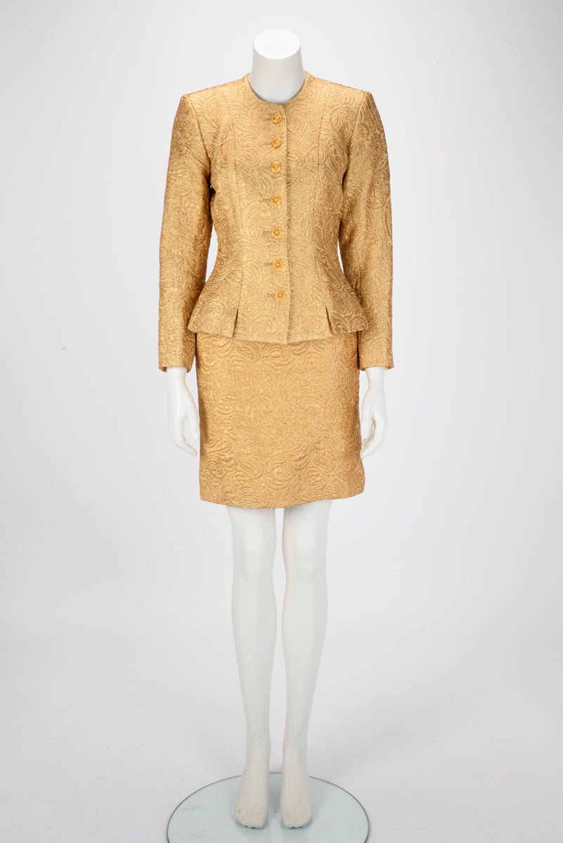 Yves Saint Laurent Gold Jacquard Brocade Skirt Suit