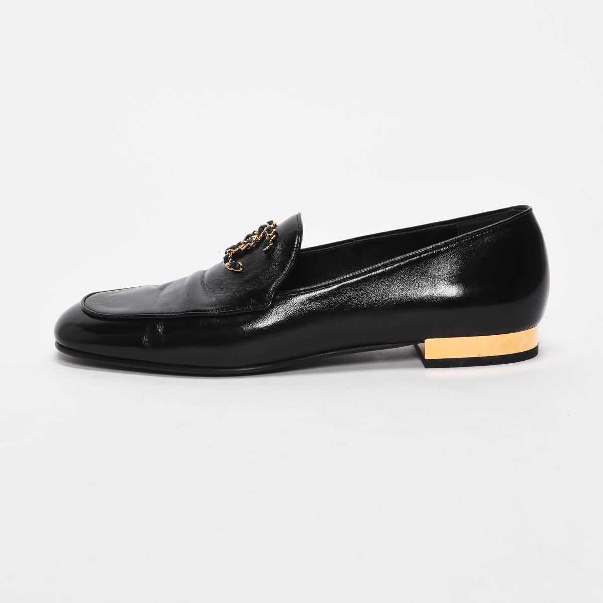 Chanel Black Glazed Goatskin Chain CC Loafers 41