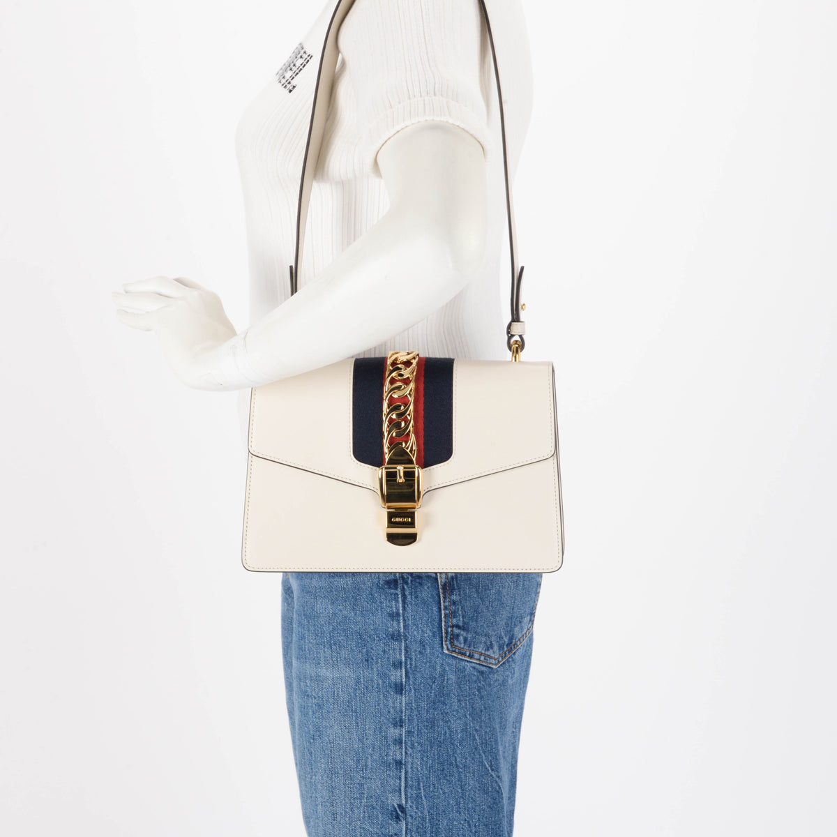 Gucci White Calfskin Small Sylvie Shoulder Bag