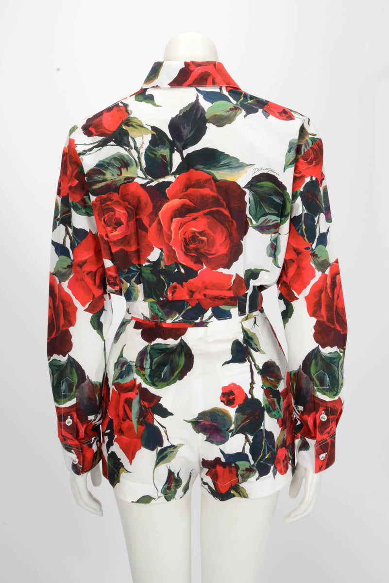 Dolce & Gabbana White Cotton Rose Print Shirt & Shorts 38