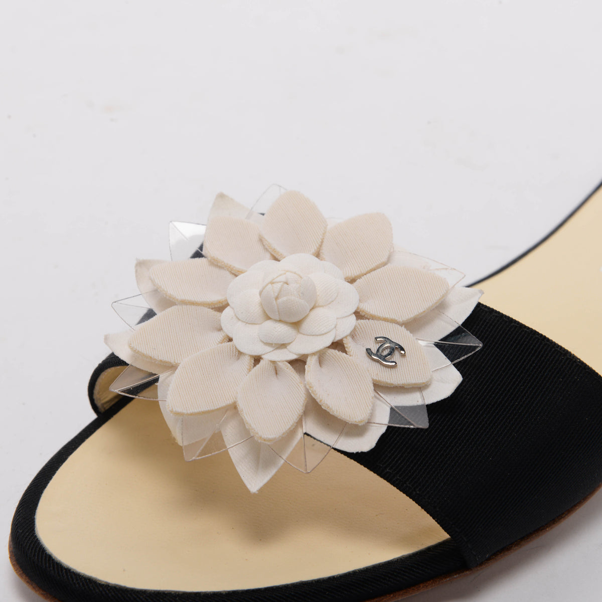 Chanel Black Grosgrain Floral Embellished Sandals 37