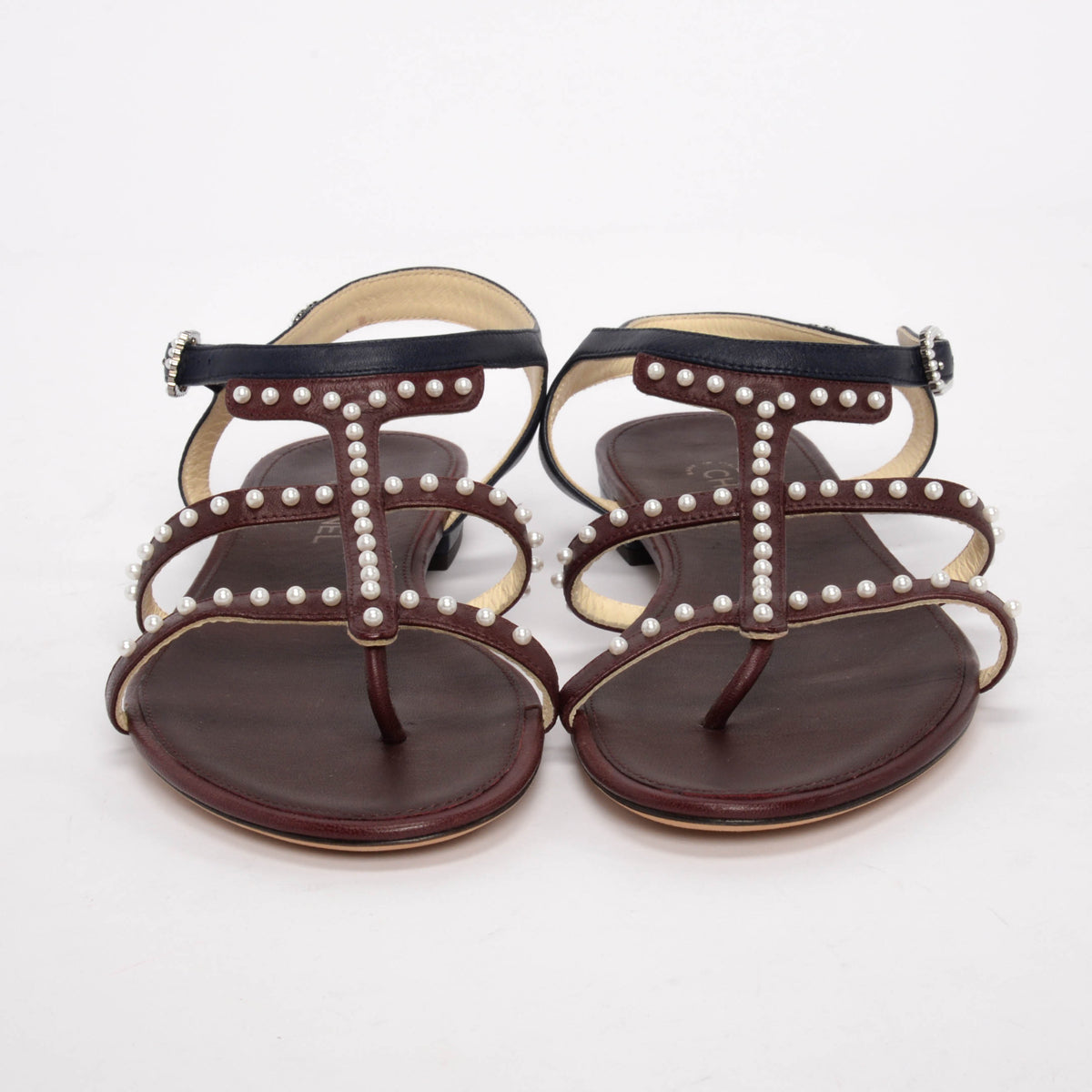 Chanel Burgundy & Navy Lambskin & Pearl Caged Sandals 37