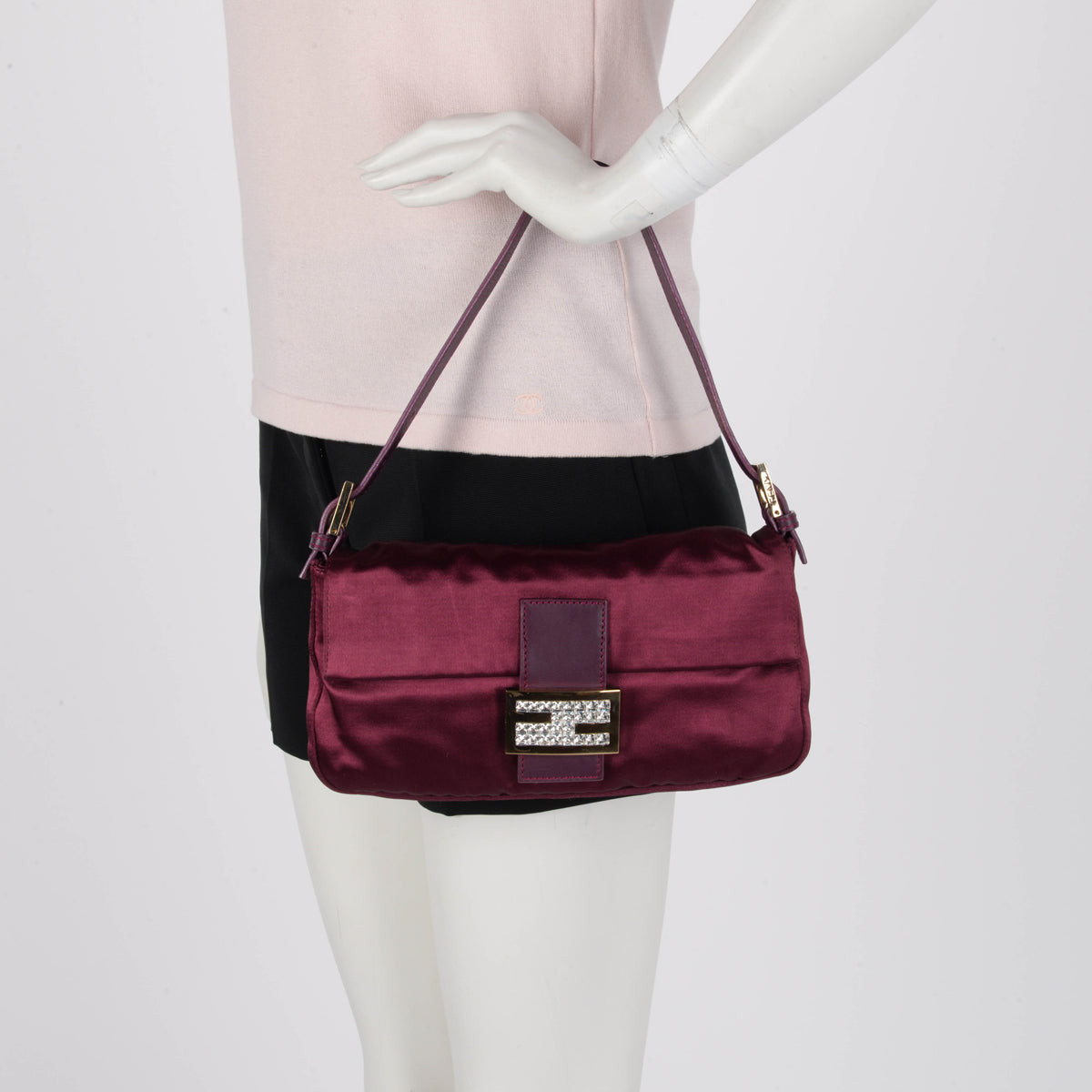 Fendi Burgundy Satin Crystal Baguette Bag