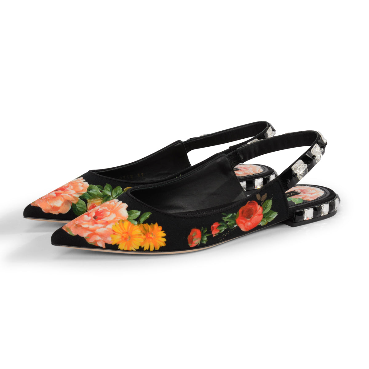 Dolce & Gabbana Black Floral Print Crystal Slingbacks 39