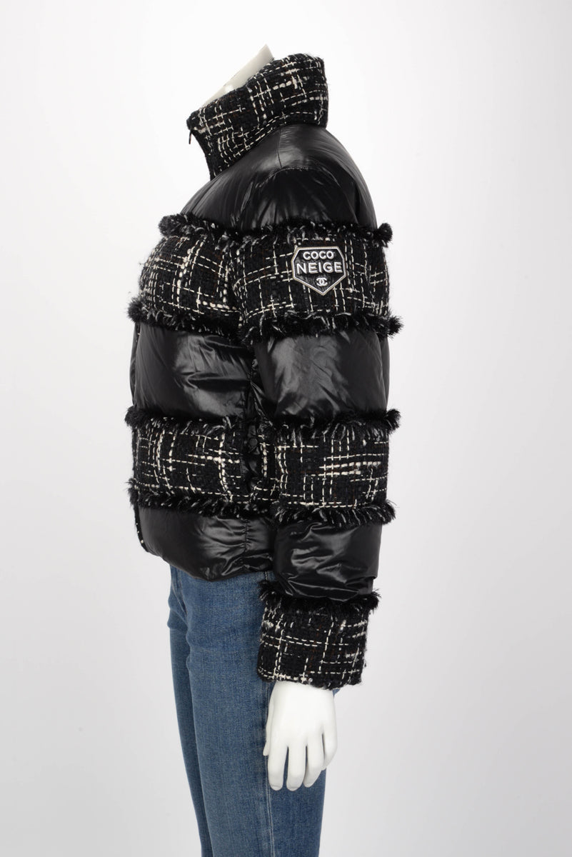 Chanel Black Nylon & Tweed Coco Neige Puffer Jacket FR 36
