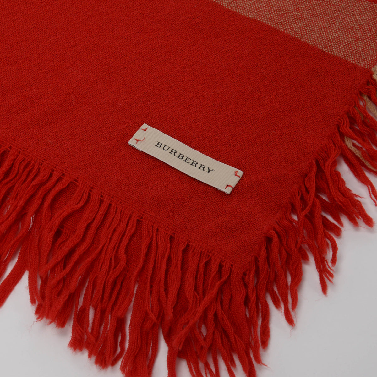 Burberry Red Wool Crepe Check Fringed Scarf