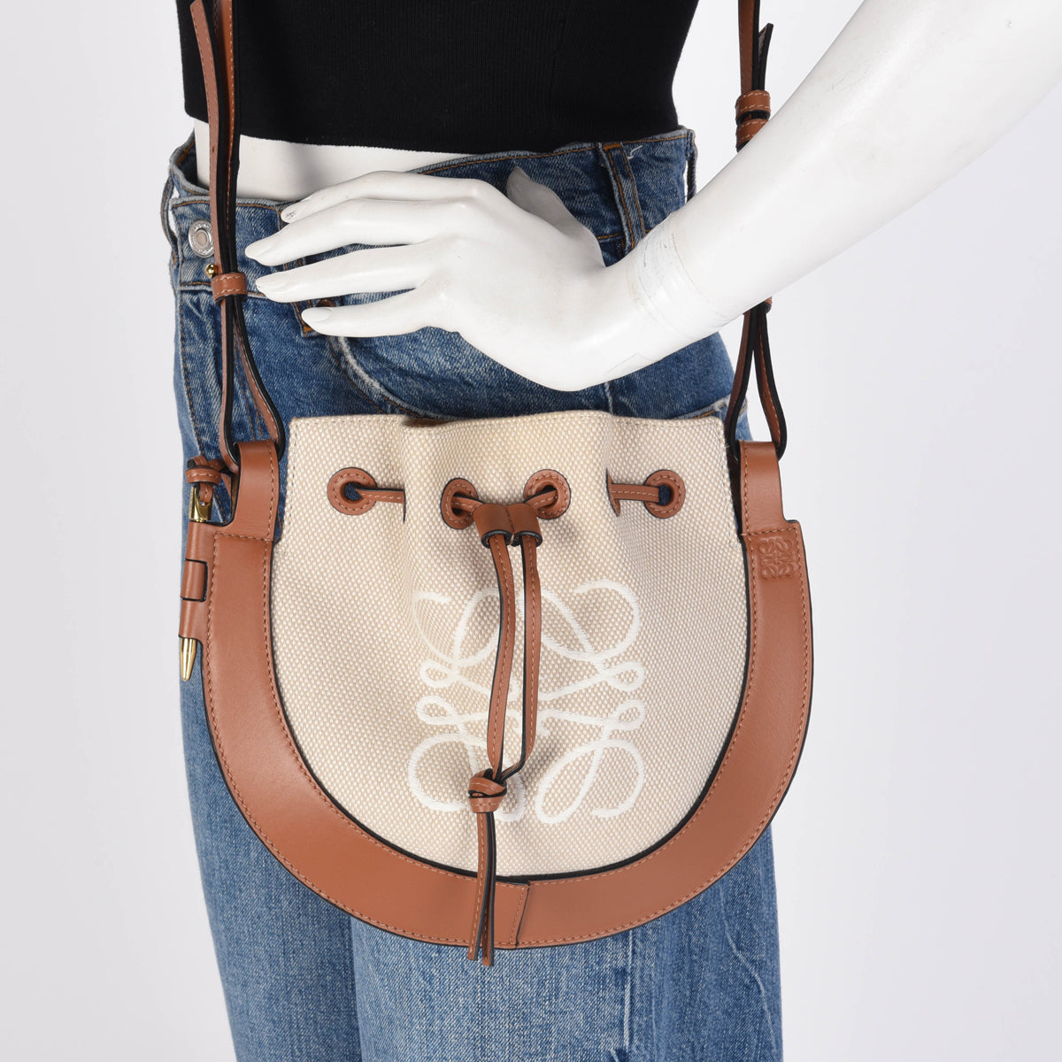 Loewe Ecru & Tan Canvas & Calfskin Horseshoe Anagram Bag