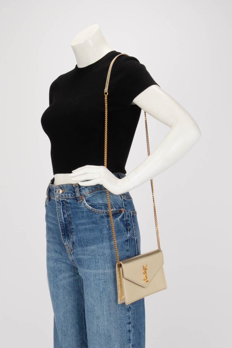 Saint Laurent Gold Calfskin Envelope Chain Wallet Clutch