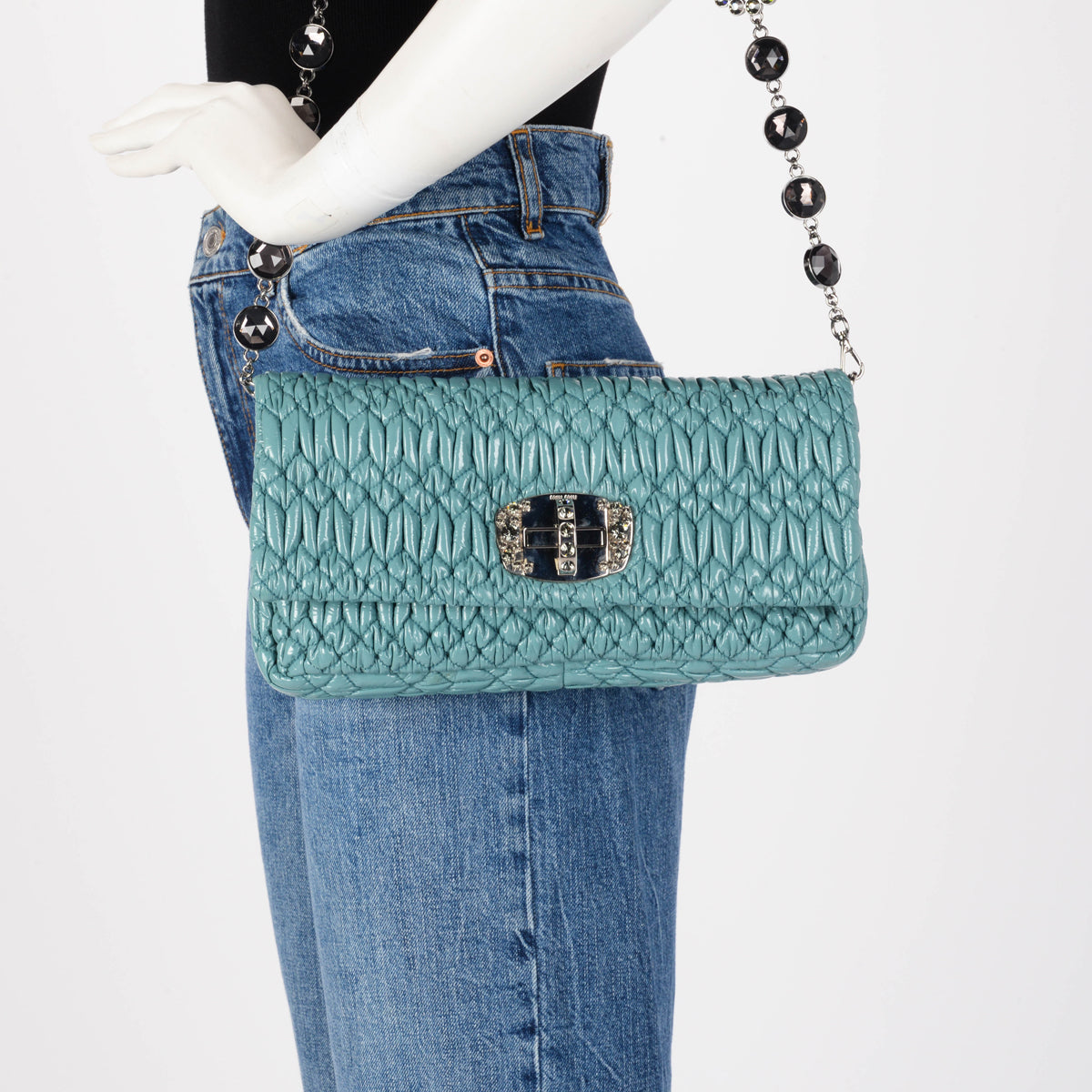 Miu Miu Mint Patent Matelasse Crystal Cross Body Bag