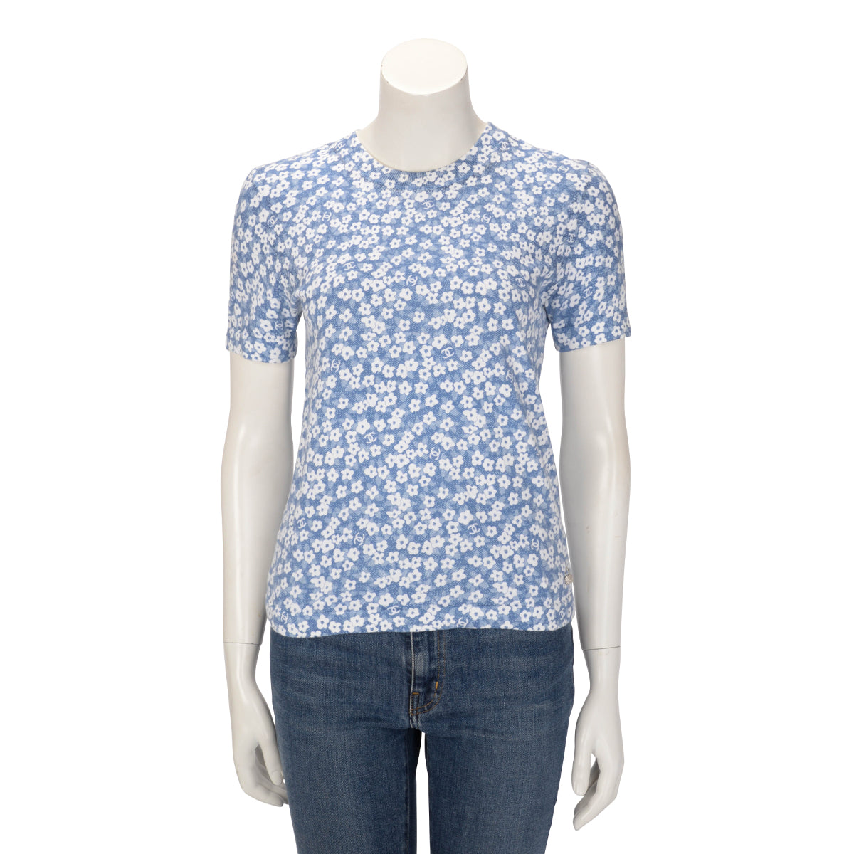 Chanel Blue Cotton Knit Floral CC T-Shirt FR 36