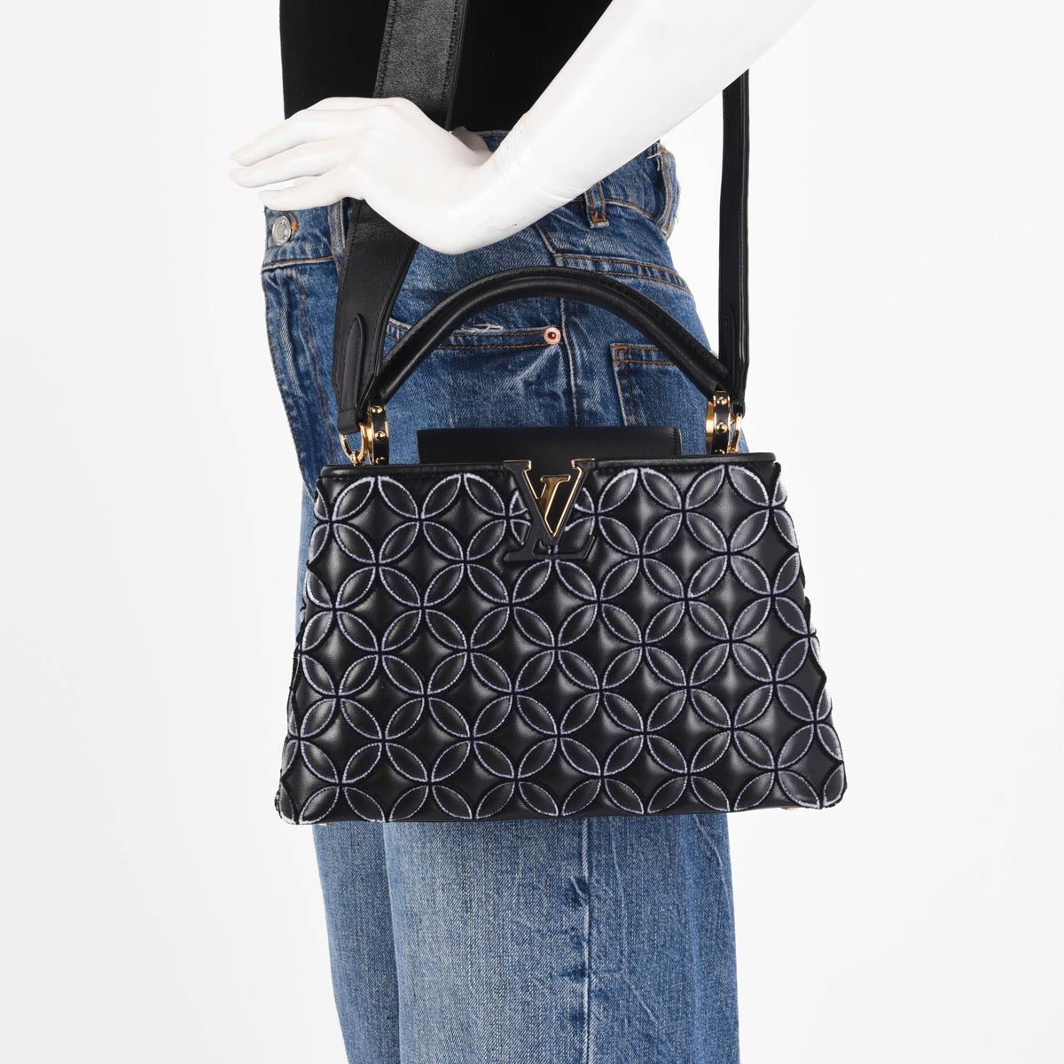 Louis Vuitton Black Lambskin Flocked Flower Capucines BB