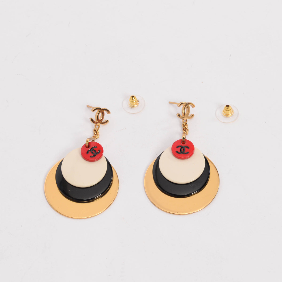 Chanel Gold Enamel CC Disc Drop Earrings