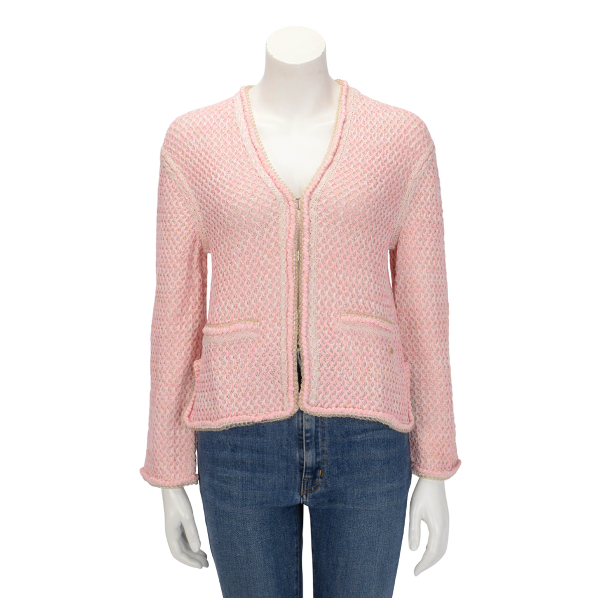 Chanel Pink Diamond Knit Braided Trim Cardigan FR 34