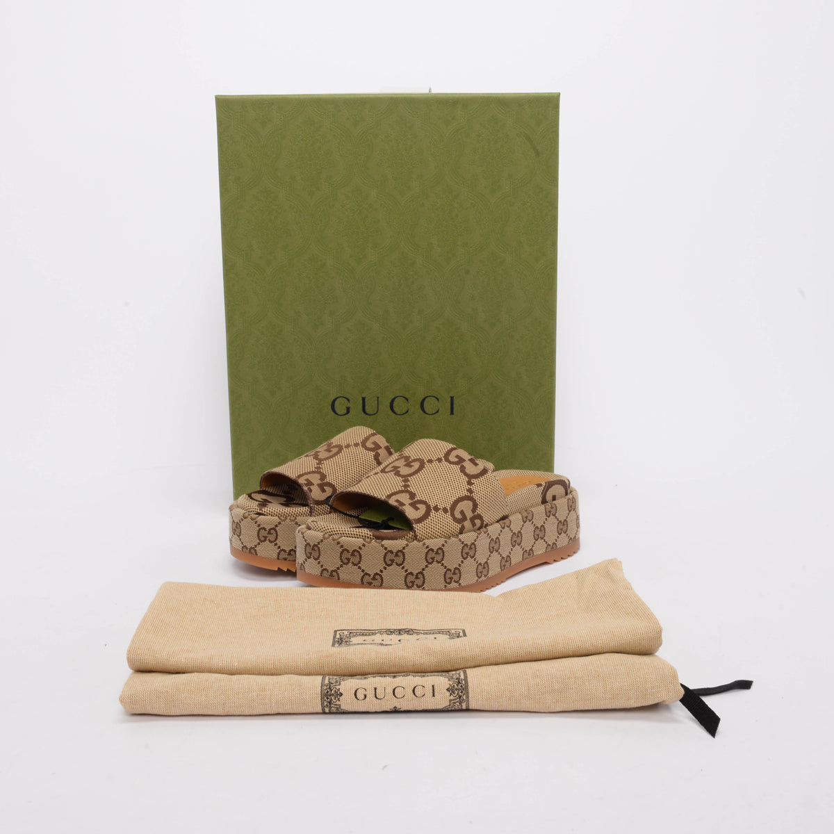 Gucci Camel Maxi GG Canvas Platform Slides 36.5