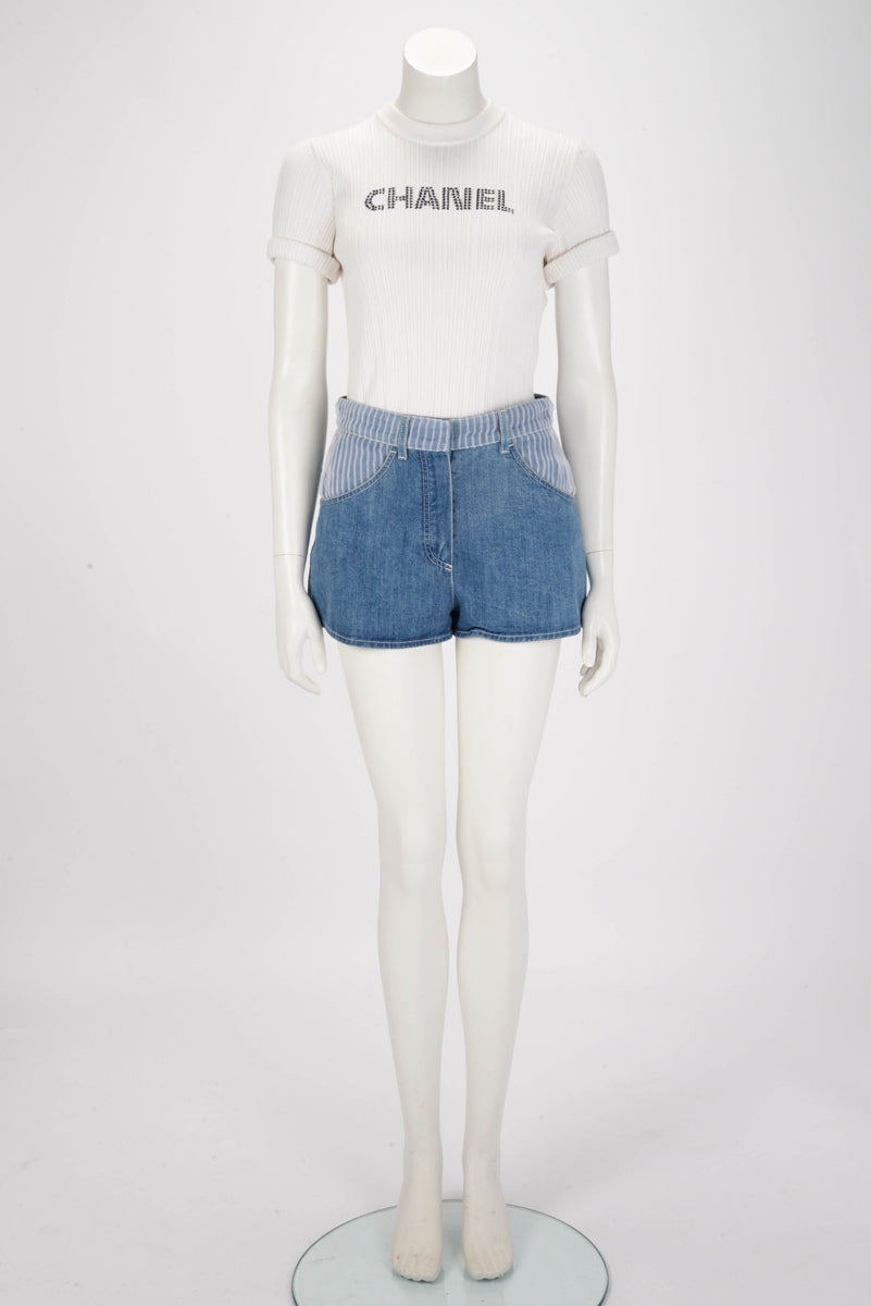 Chanel Blue Denim Cotton Sheer Pleated Shorts FR 32