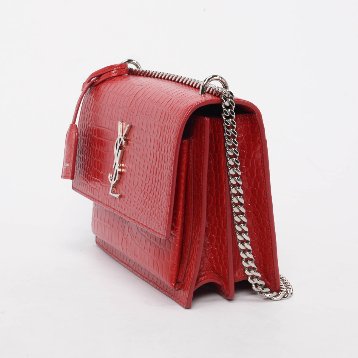 Saint Laurent Red Croc Embossed Medium Sunset Shoulder Bag