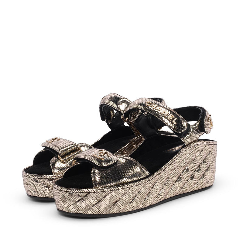 Chanel Pewter Embossed Leather Dad Sandal Wedges 40 - Blue Spinach