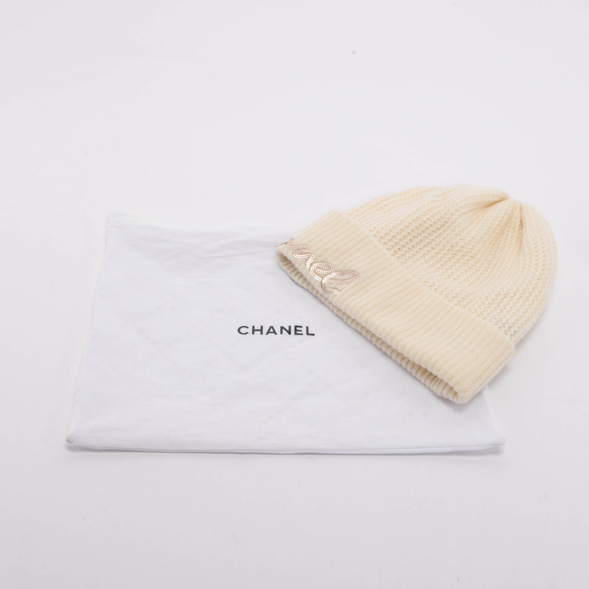 Chanel Cream Cashmere Sequin Logo Beanie