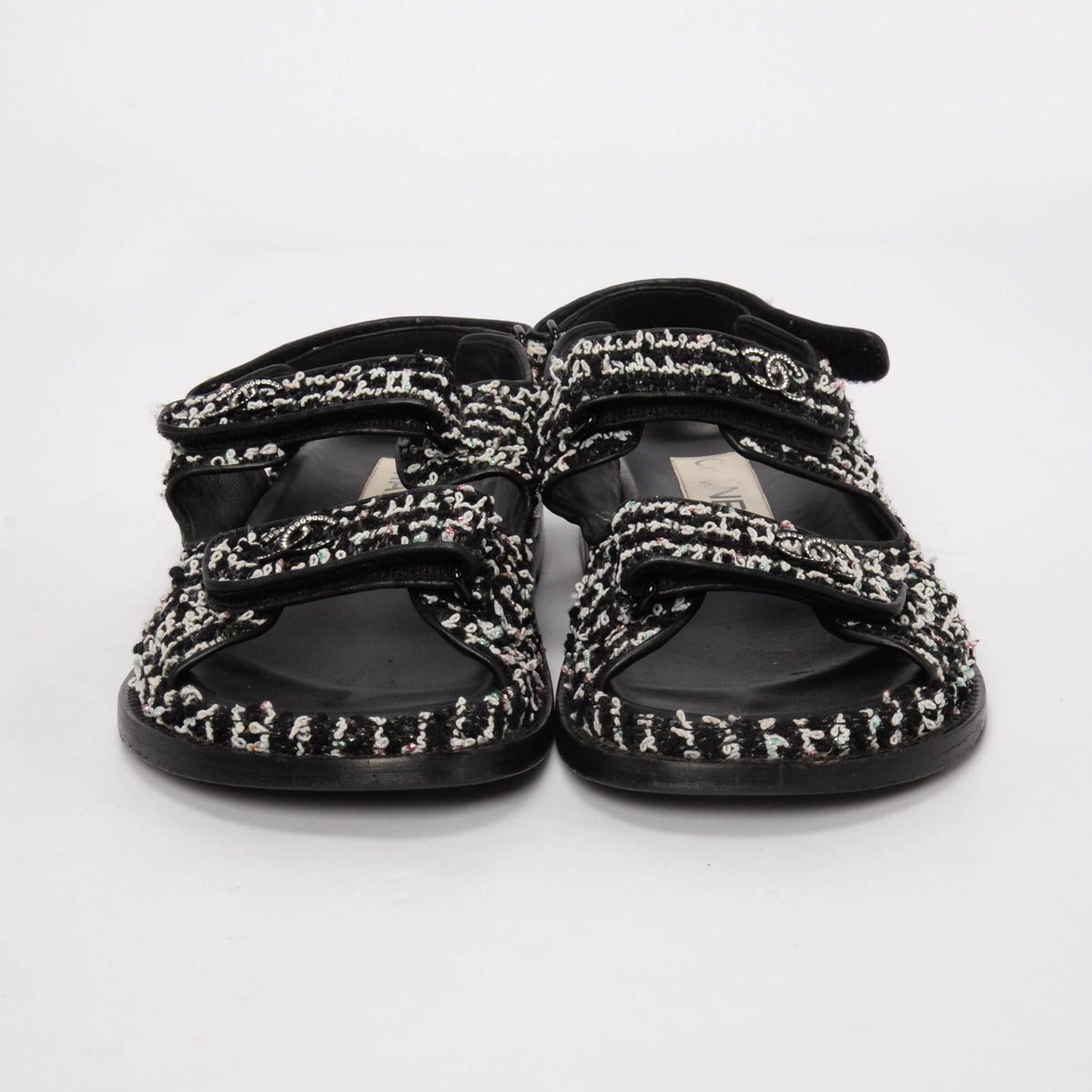 Chanel Black & White Tweed Crystal CC Dad Sandals 38.5