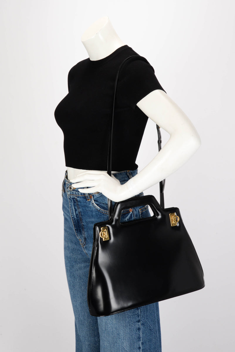Ferragamo Black Hi-Shine Wanda Top Handle Bag