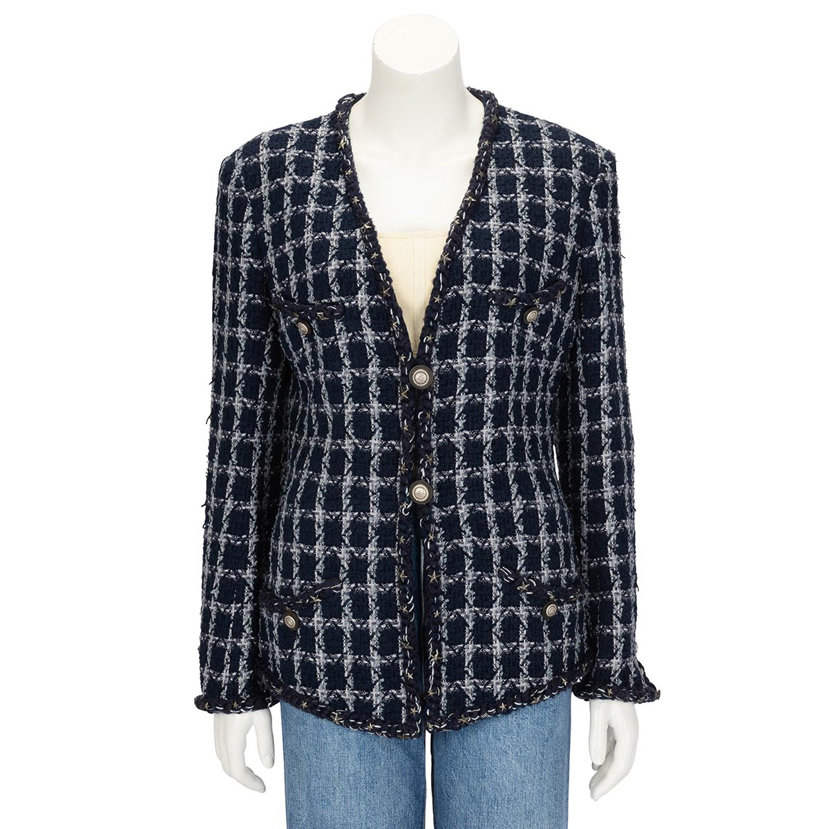 Chanel Navy Fantasy Tweed Paris to Dallas Jacket FR 44