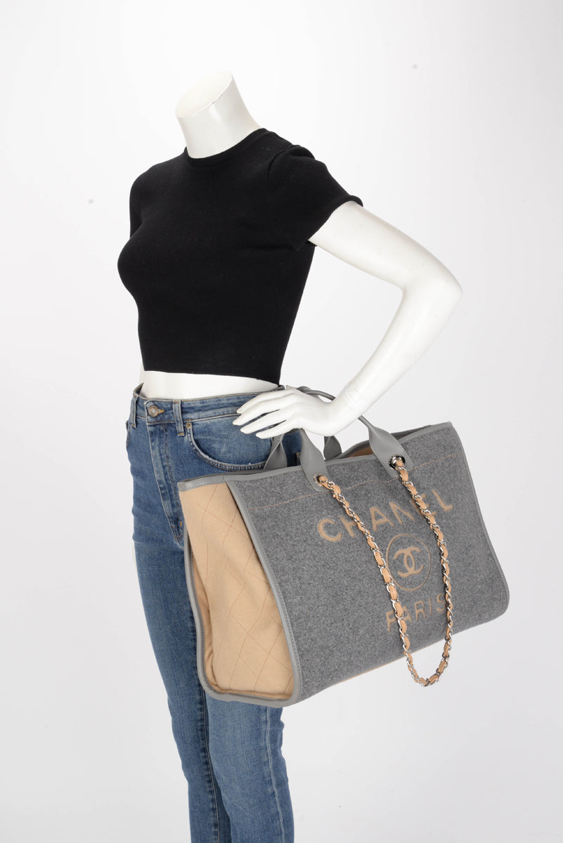 Chanel Grey & Beige Wool Felt Large Deauville Tote