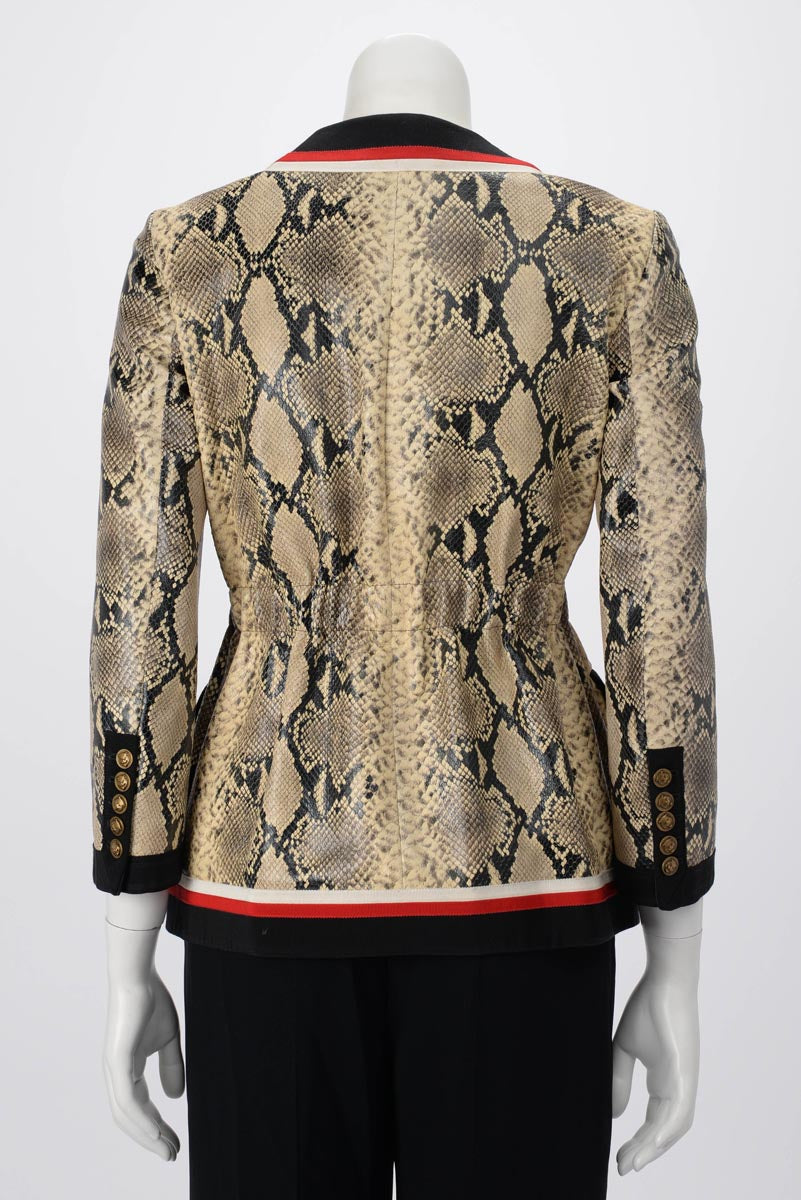 Gucci Beige Snake Effect Leather Web Trim Jacket IT 36