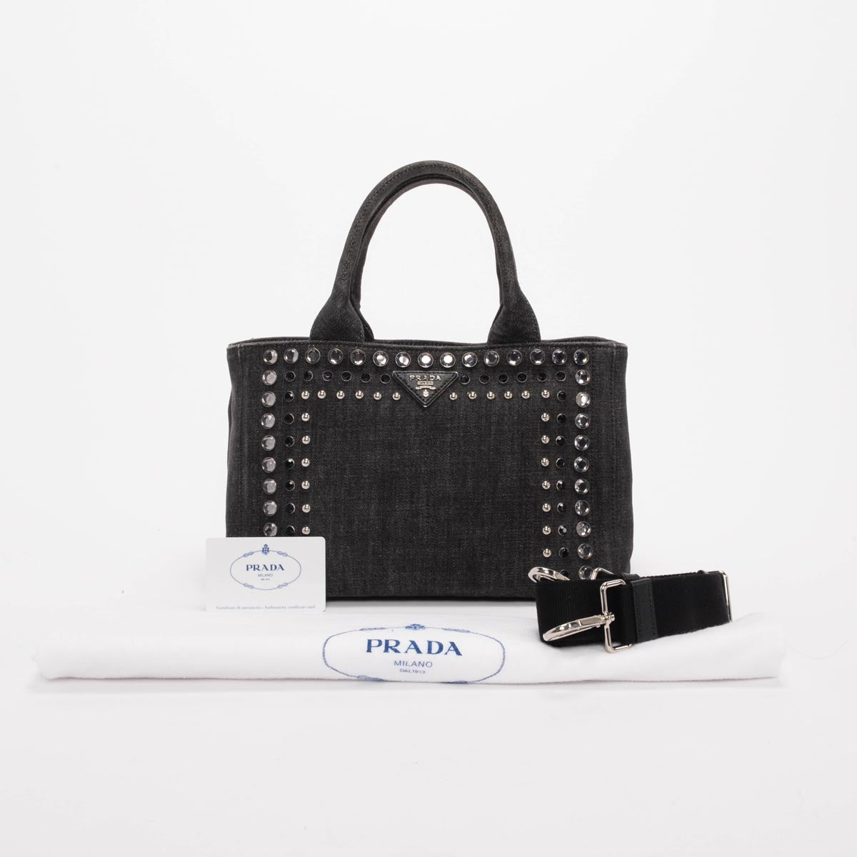 Prada Charcoal Denim Crystal Studded Canapa Tote