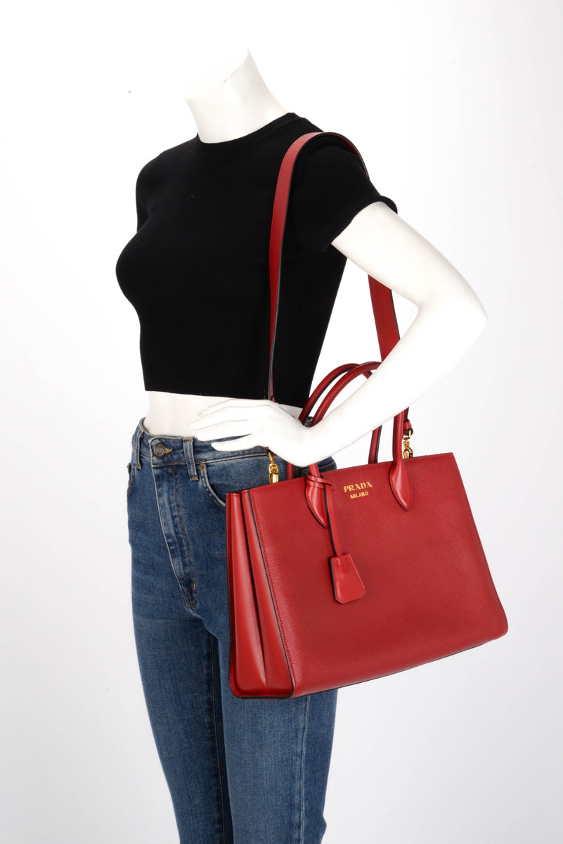 Prada Red & Navy Saffiano Cuir Bibliotheque Bag