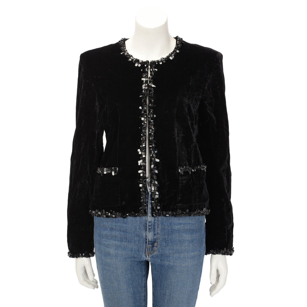 Chanel Black Crushed Velvet Beaded Trim Jacket FR 42