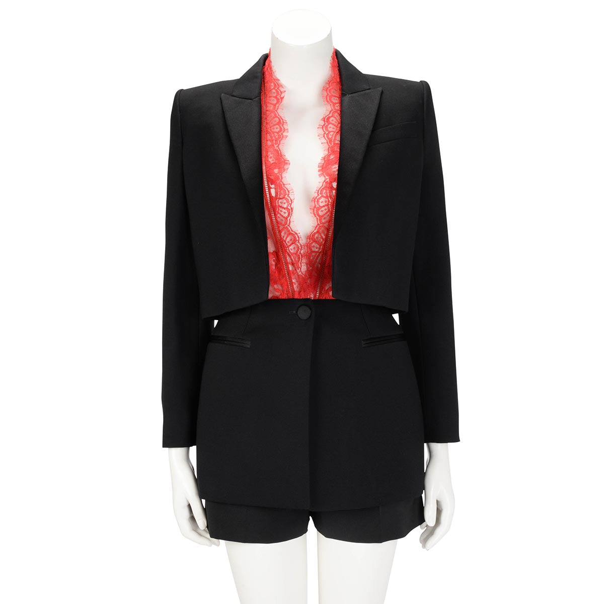 Alexander McQueen Black & Red Lace Tuxedo Style Jacket IT 40