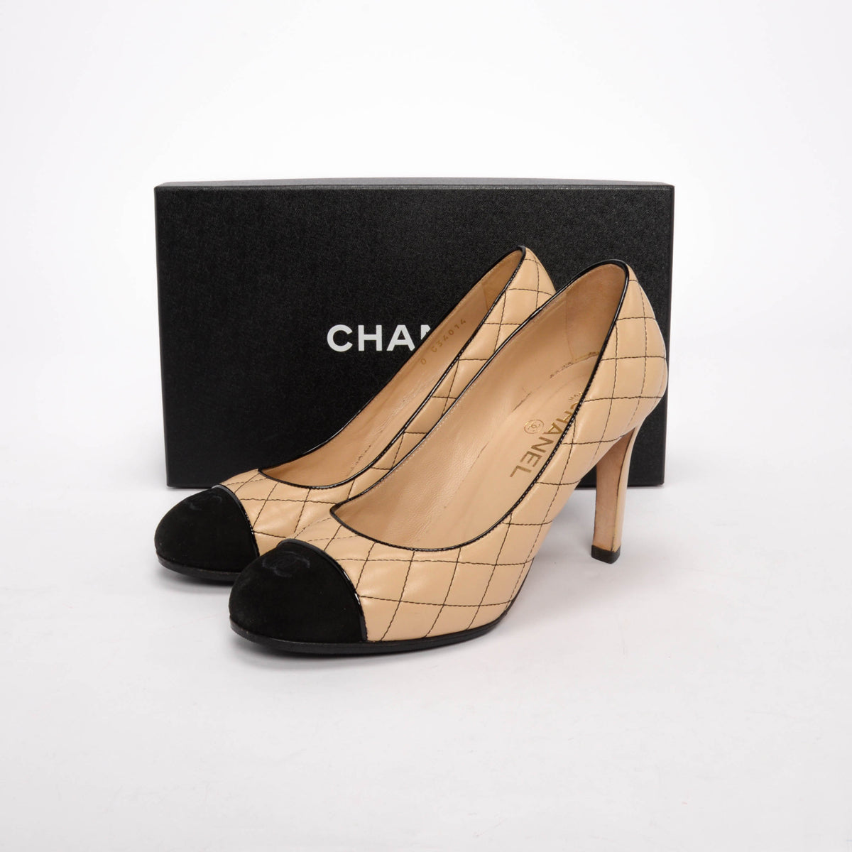 Chanel Beige & Black Quilted CC Cap Toe Pumps 39.5