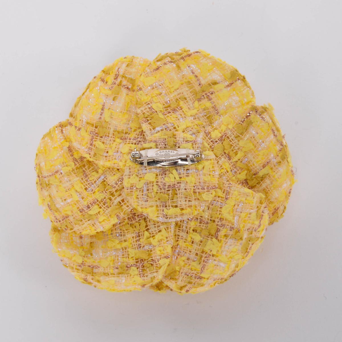 Chanel Yellow Tweed & Crystal CC Camellia Brooch