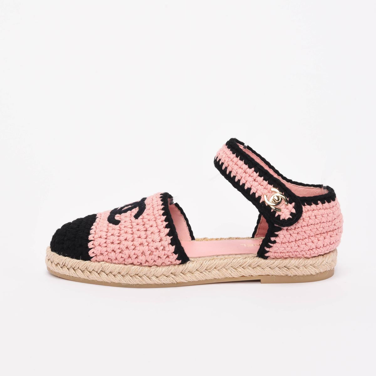 Chanel Pink & Black Crochet Knit CC Espadrilles 38.5