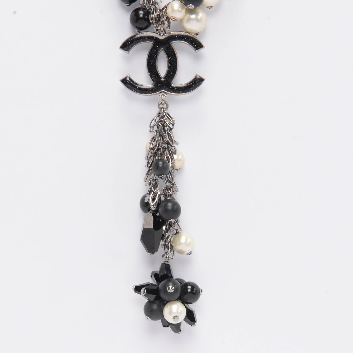 Chanel Pearl & Black Beaded Silver Chain CC Necklace