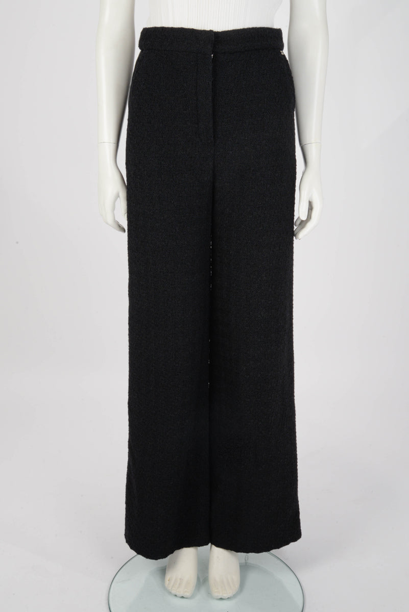 Chanel Black Boucle Tweed Satin Trim Pants FR 36