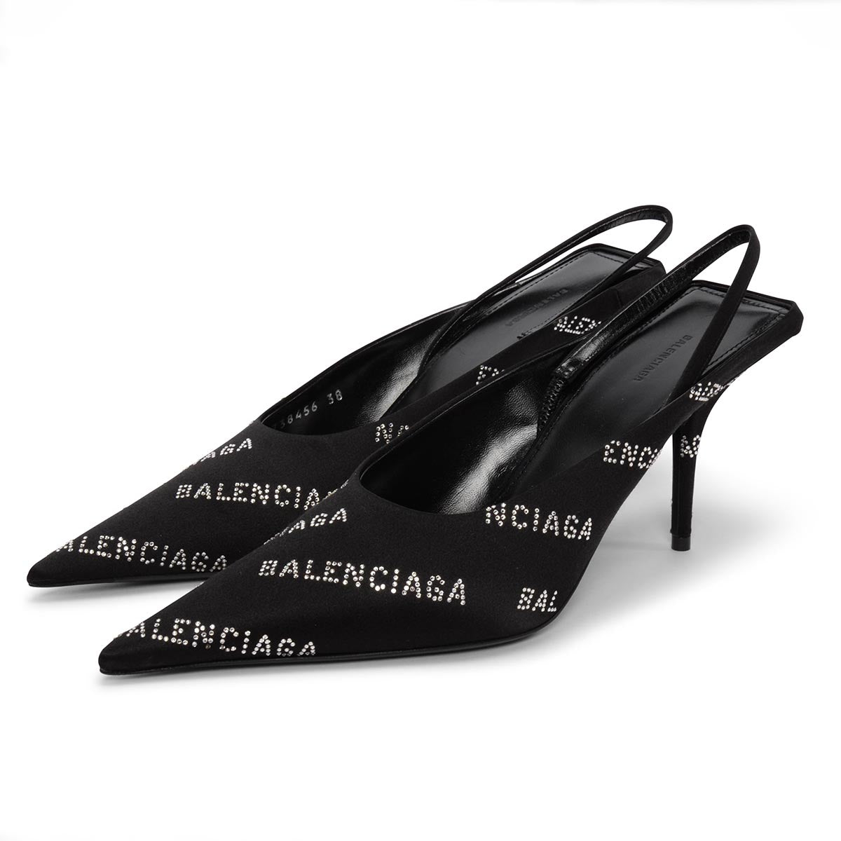 Balenciaga Black Satin Square Knife Crystal Logo Slingbacks 38