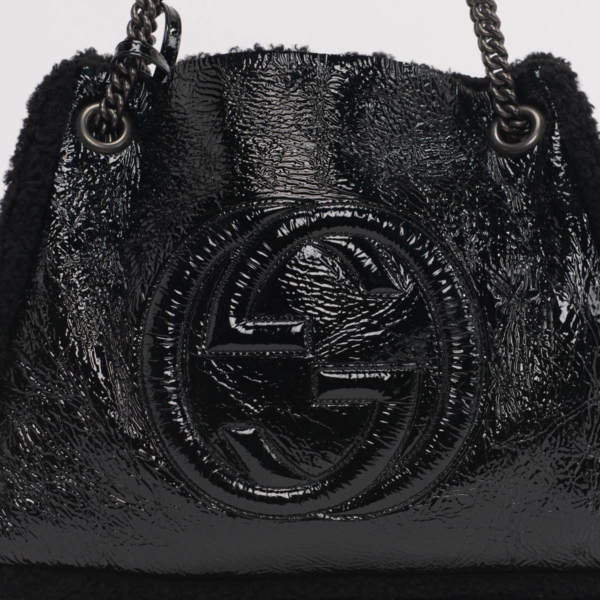 Gucci Black Patent Shearling Soho Chain Shoulder Bag