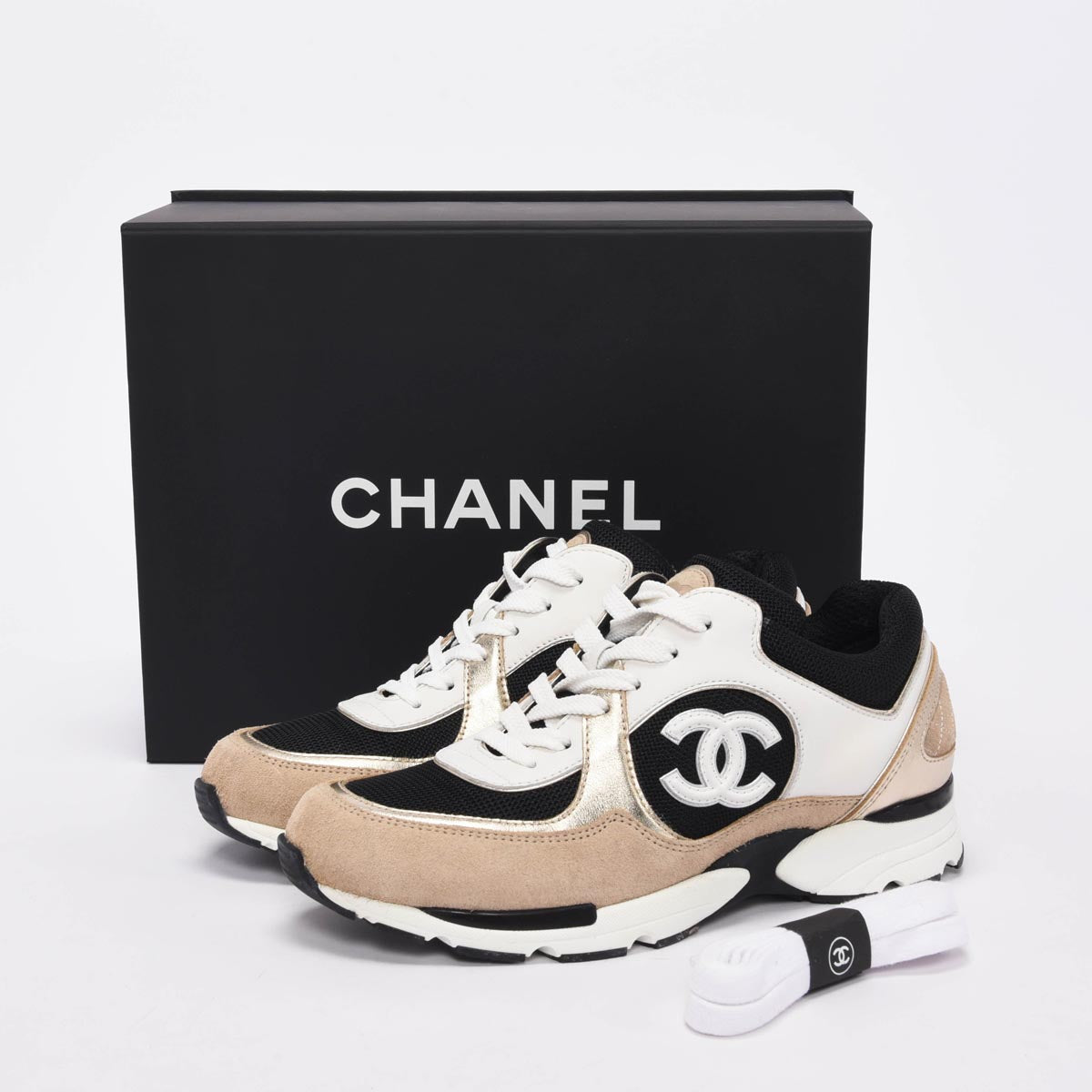Chanel Beige & Gold Mixed Fibers CC Trainer Sneakers 37.5