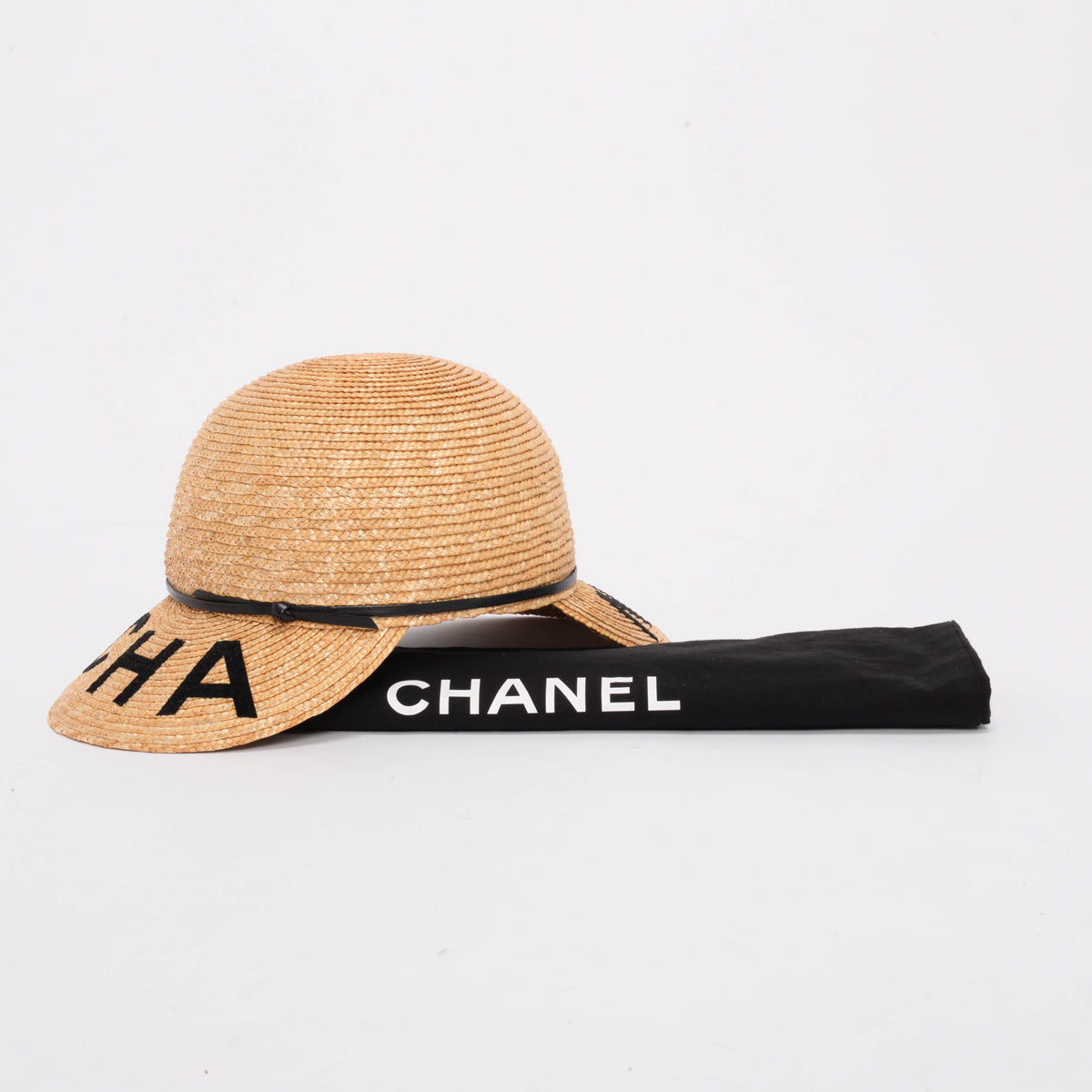 Chanel Black Calfskin & Straw Logo Visor Hat