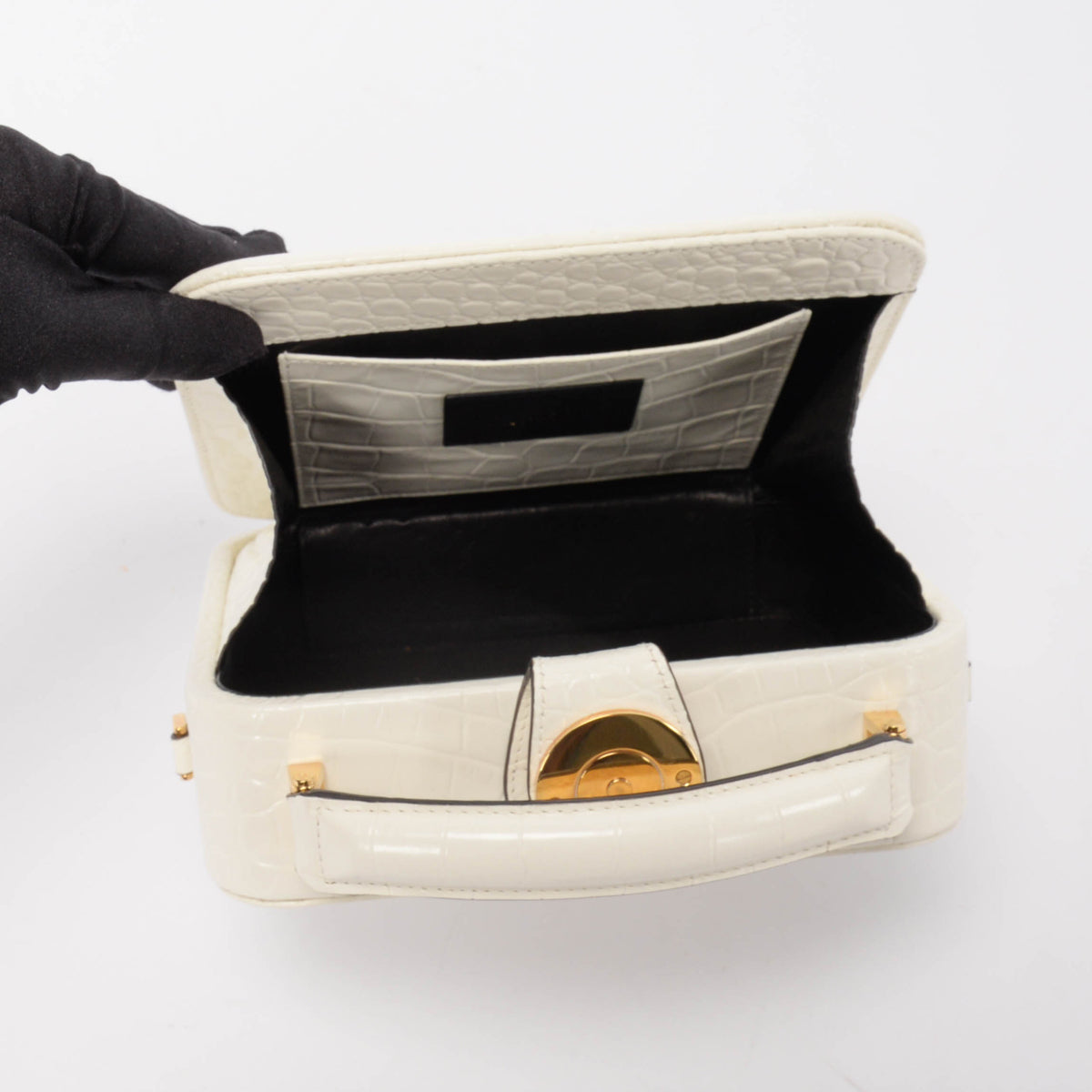 Lanvin White Croc Embossed Bento Box Top Handle Bag