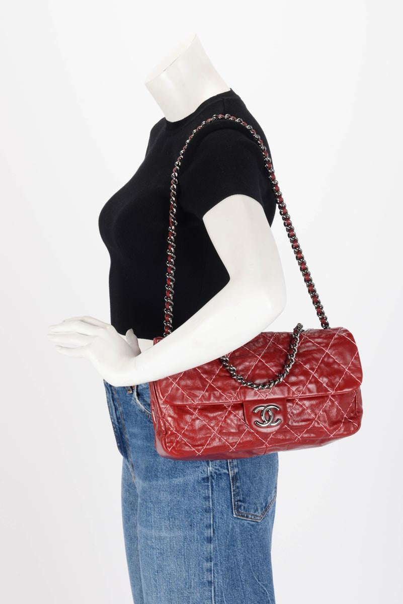 Chanel Dark Red Glazed Goatskin Double Stitch Flap Bag