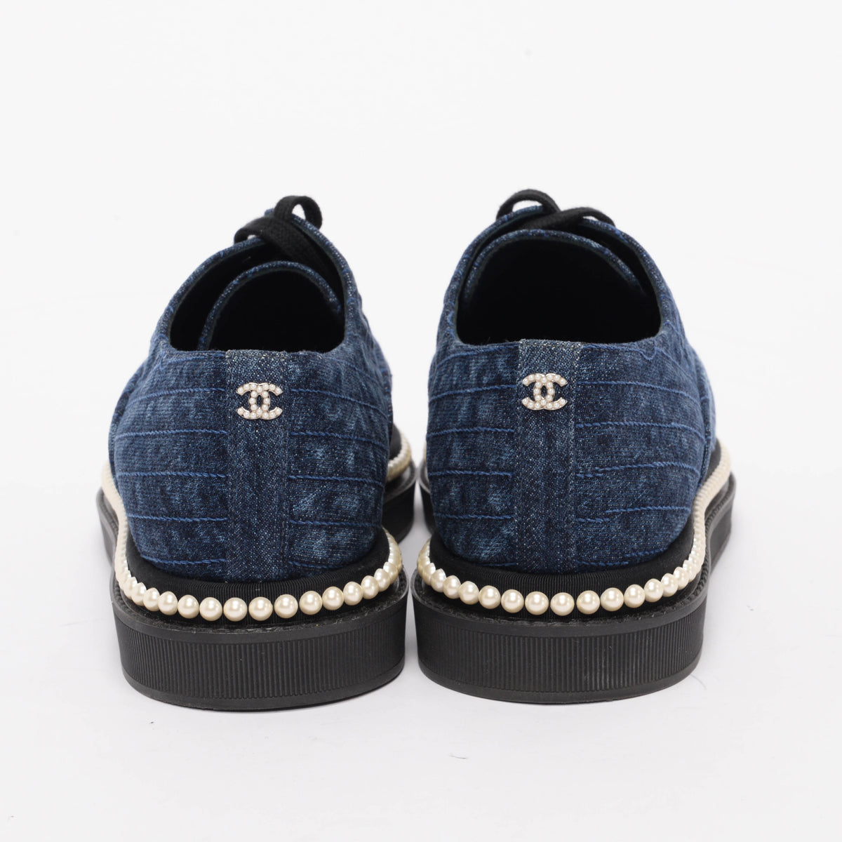 Chanel Denim & Pearl Camellia Stitch Detail Sneakers 38