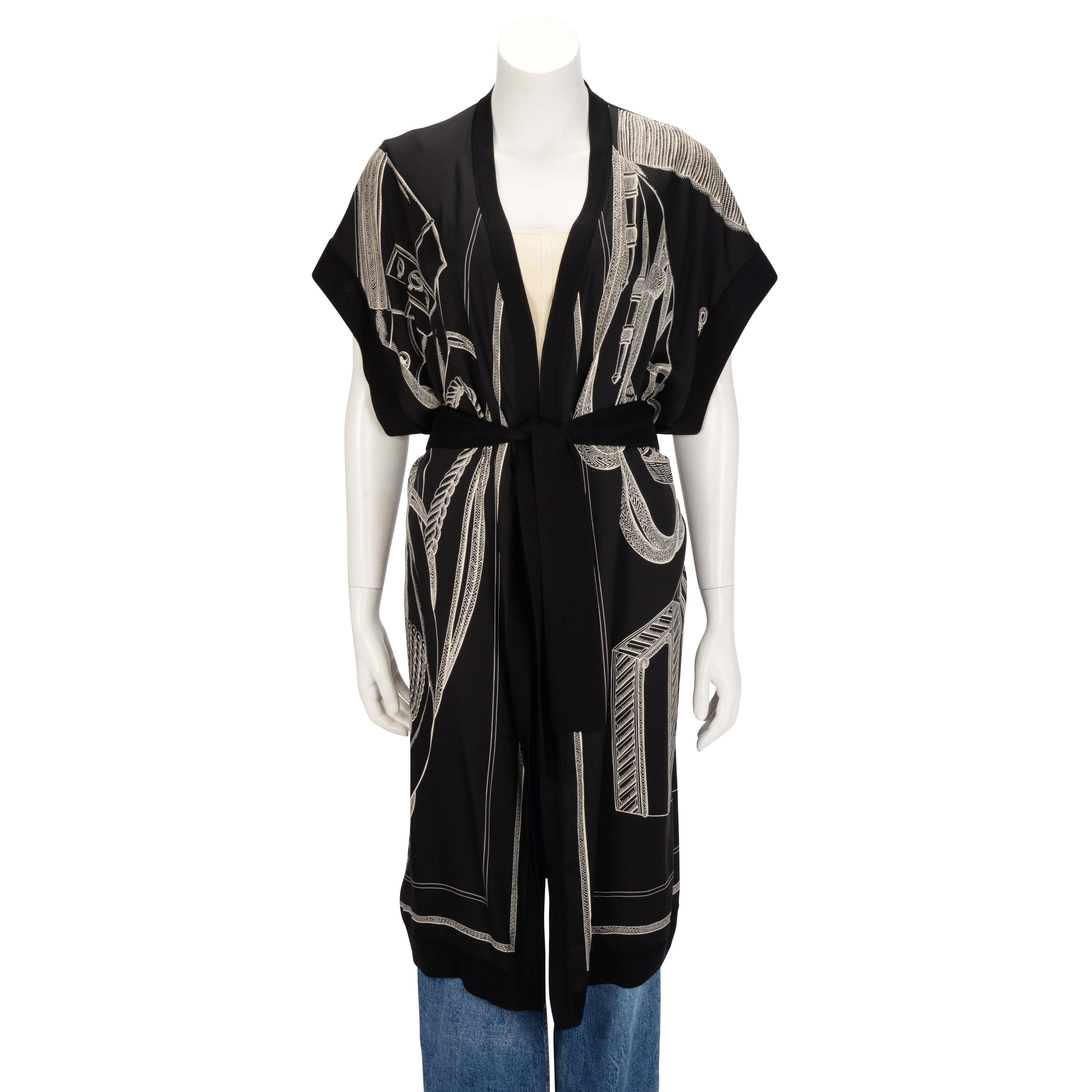 Hermes Black Silk Zouaves Et Dragons Finesse Long Cardigan FR 42