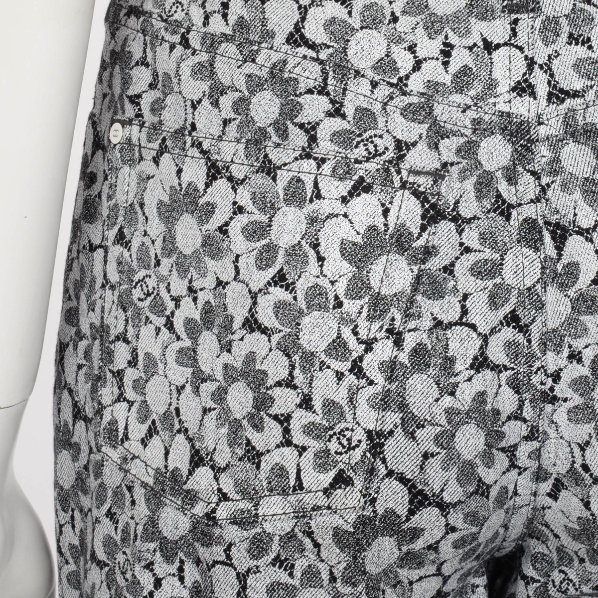 Chanel Black & White Denim Camellia Lace Print Jeans FR 38