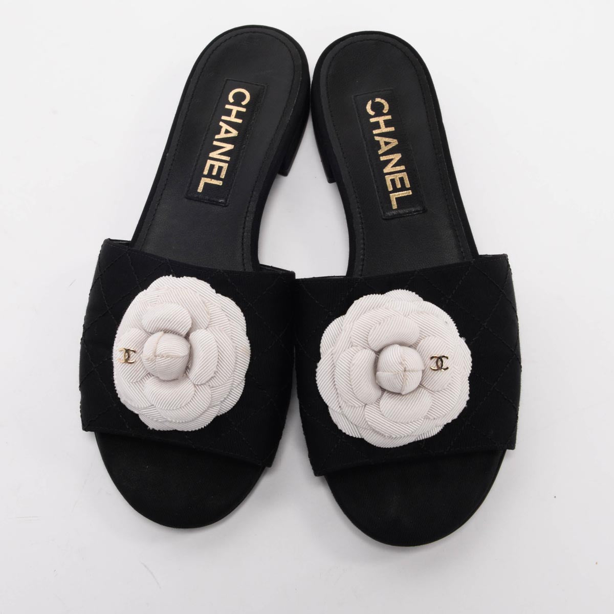 Chanel Black Grosgrain Quilted Camellia Slides 37